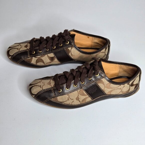 Coach Suee Khaki Chestnut Canvas Brown Leather Trim Sneaker Shoe Sz 8B A1258 - Picture 2 of 9